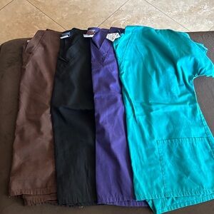 Cherokee Scrub Tops in Brown, Black, Purple, and Teal